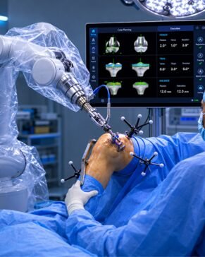 Robotic-assisted knee surgery: a robot arm operates on a patient's knee while a surgeon watches a monitor showing 3D knee scans and instrument data.
