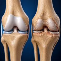 Side-by-side knee joints; left shows healthy cartilage, right shows post-operative knee with incision and sutures.