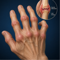 Left hand with severe rheumatoid arthritis showing swollen, deformed finger joints; inset diagram highlights an inflamed joint.