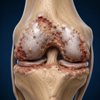 Side-by-side knee joints; left shows healthy cartilage, right shows post-operative knee with incision and sutures.