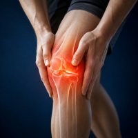 Side-by-side knee joints; left shows healthy cartilage, right shows post-operative knee with incision and sutures.