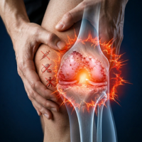 Side-by-side knee joints; left shows healthy cartilage, right shows post-operative knee with incision and sutures.